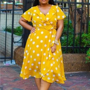 Yellow chiffon polka dot dress